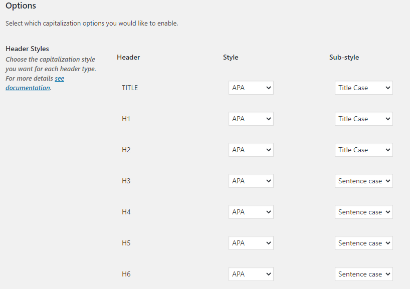Settings allow you to choose any of the major capitalization styles.
